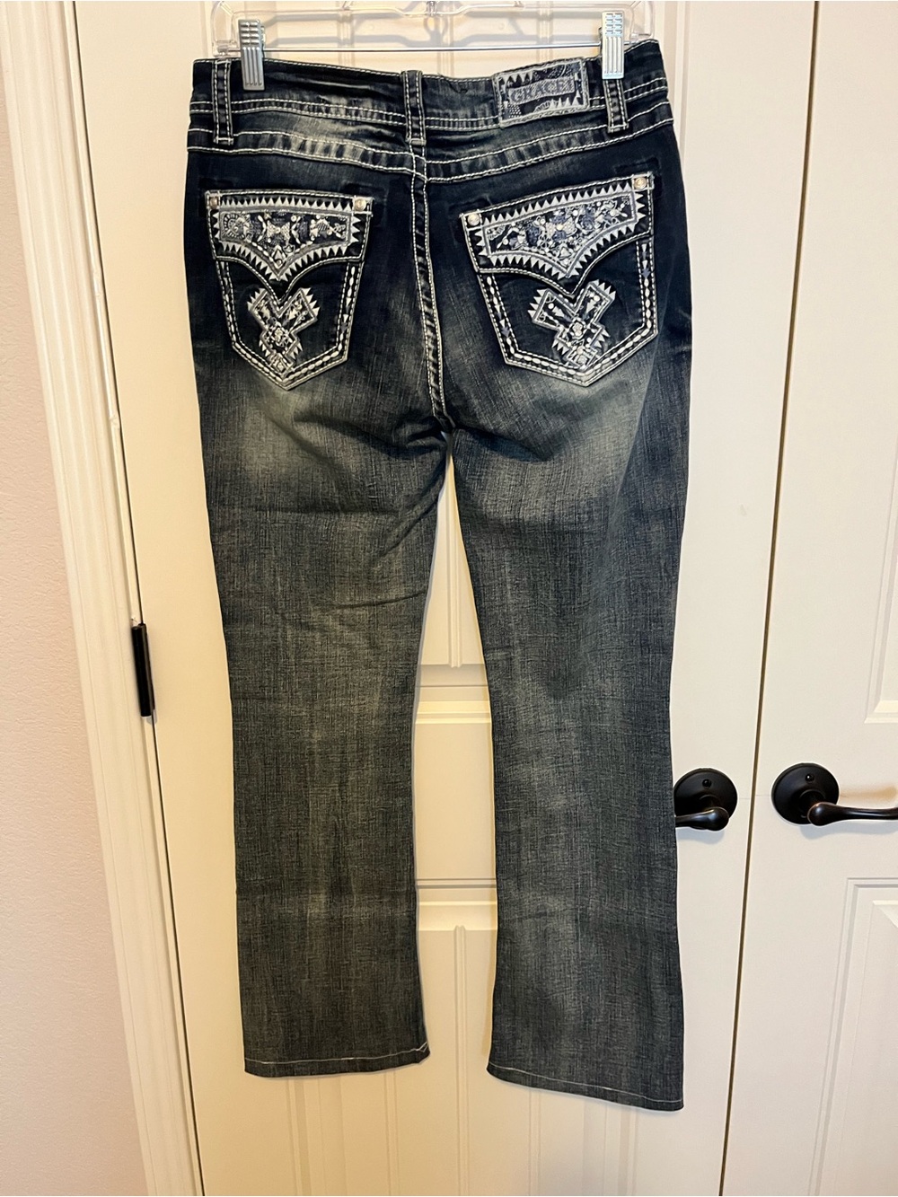Grace in LA Black Wash Boot Cut Jeans with Embroidered Pockets